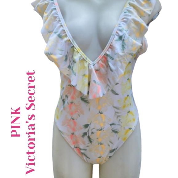 Pink‎ Victoria's Secret Floral frill tank swimsuit M NWT - Picture 1 of 14